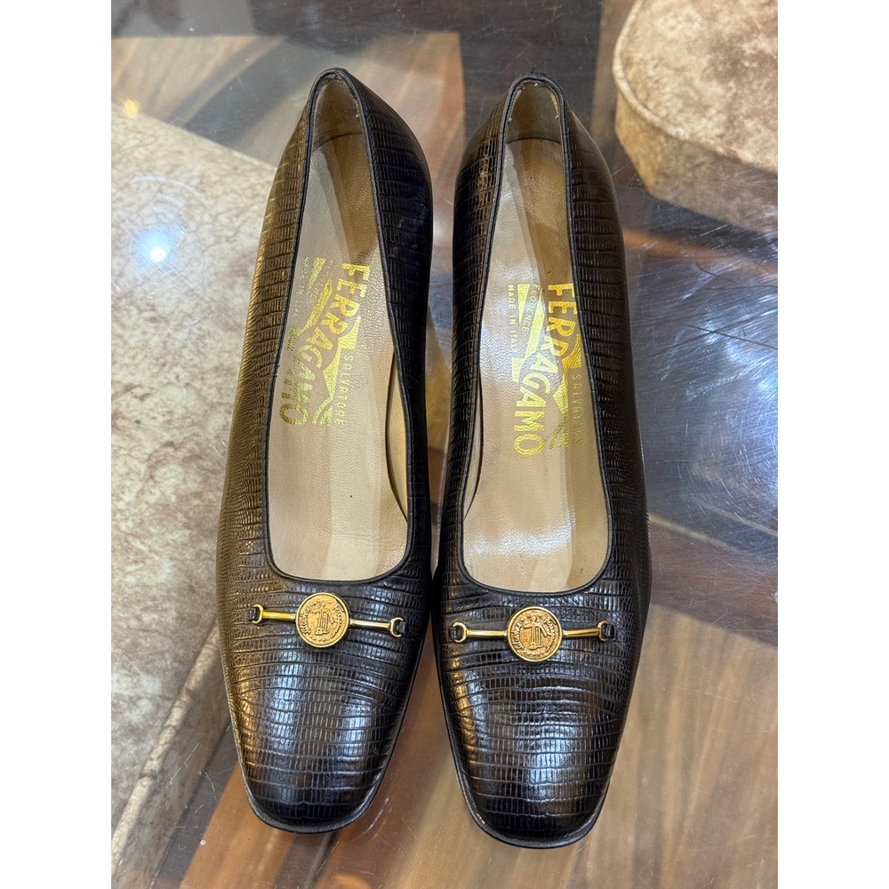 Salvatore Ferragamo Vintage‎ Lizard Embossed Leather Pumps Brown Gold Bit 5B